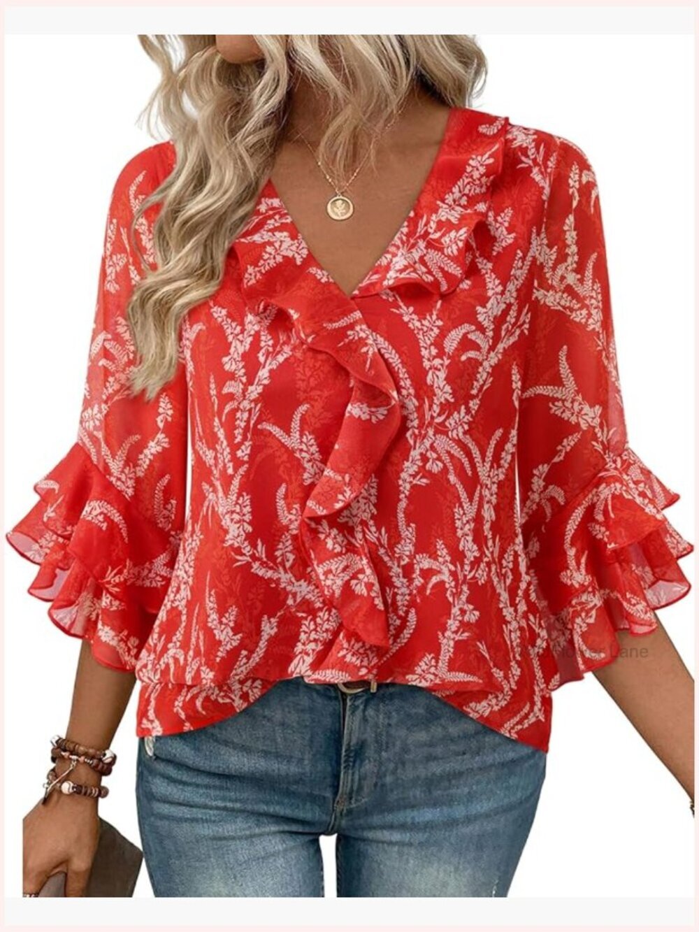 Womens Dressy Casual Blouse 3/4 Sleeve V Neck Ruffle Top Business Work Shirt